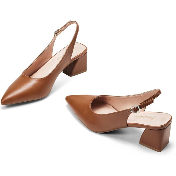 Women Slingback Brown Toe Block Heel Pump Low Heel Office Wedding Dress Shoes - Picture 4 of 6